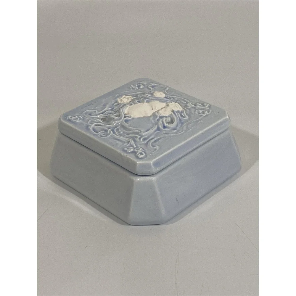 Vintage Pastel Blue Andreoli Art Nouveau Ladies Head Lidded Trinket Dish‎
